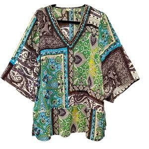 Chenault Boho Patchwork Tunic Top Beaded V-Neck Green Blue Semi Sheer Beach XL 🌿